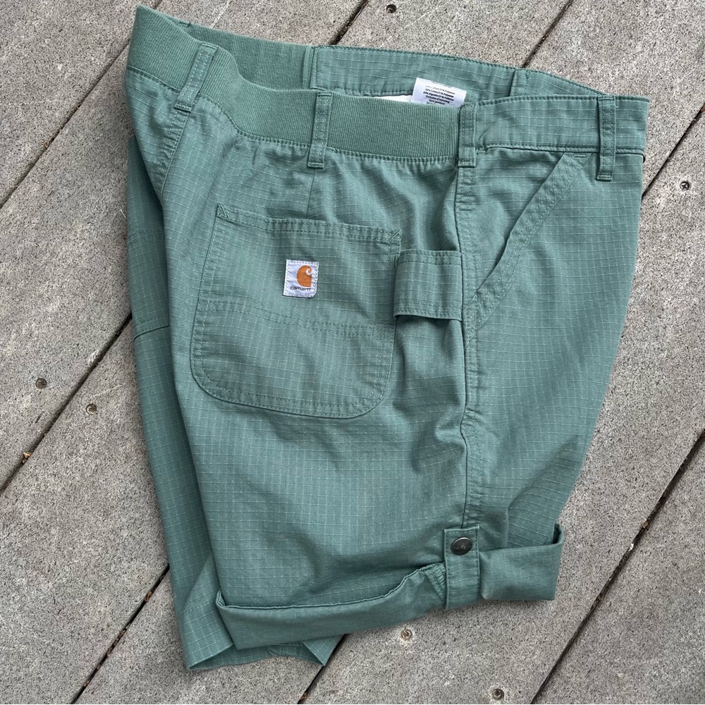 Carhartt Green Work Shorts Women 12 33x9”‎ Roll Tab BS213-W Force Rip Stop - Picture 7 of 12